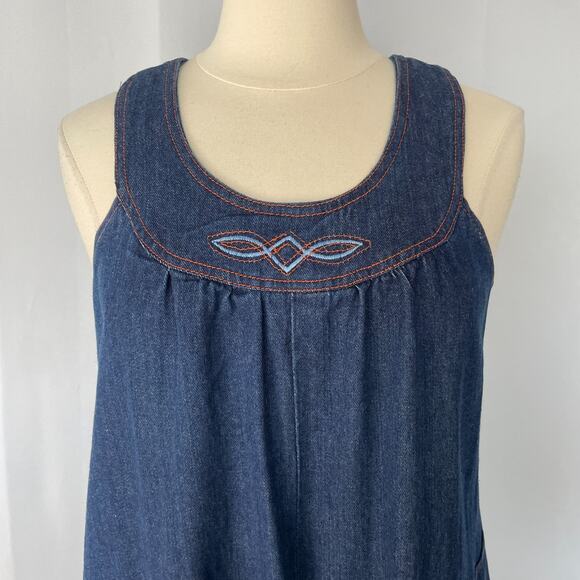 Vintage 70s Dress Size Small Blue Jean Denim Pinafore Trapeze Boho Hippie Retro - Picture 3 of 15